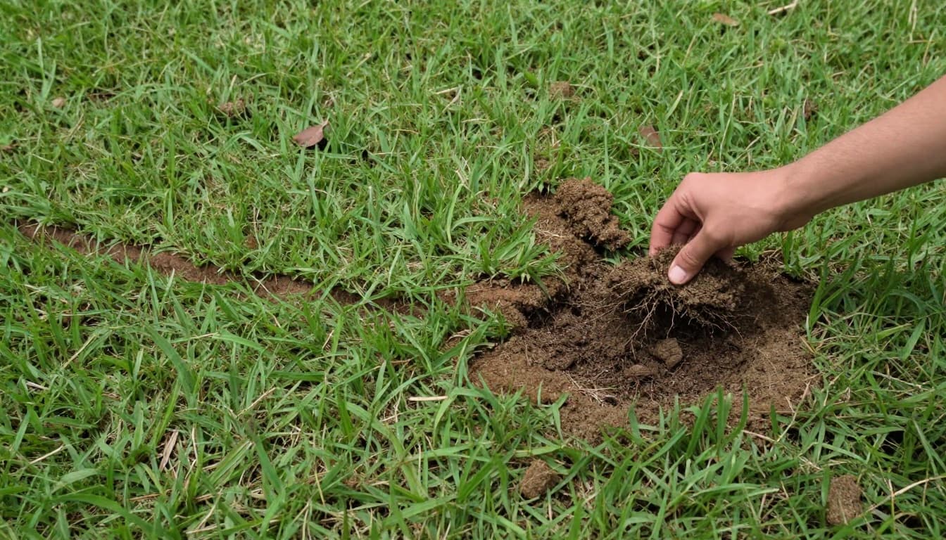 Overhead photorealistic view of a St. Augustinegrass lawn patch in a suburban Florida yard displaying typical mole cricket damage: thinning raised turf, irregular brown dead patches, and subtle surface tunnels, with one hand gently pulling up turf to reveal intact roots and loosened sandy soil underneath.
