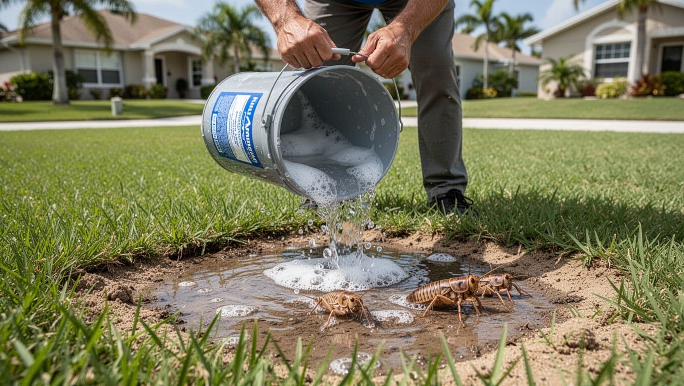 Photorealistic educational image of a homeowner from behind pouring a bucket of soapy water onto a 2x2 ft section of St. Augustine lawn in a suburban Florida yard, with tawny mole crickets surfacing nearby during the soap flush test.