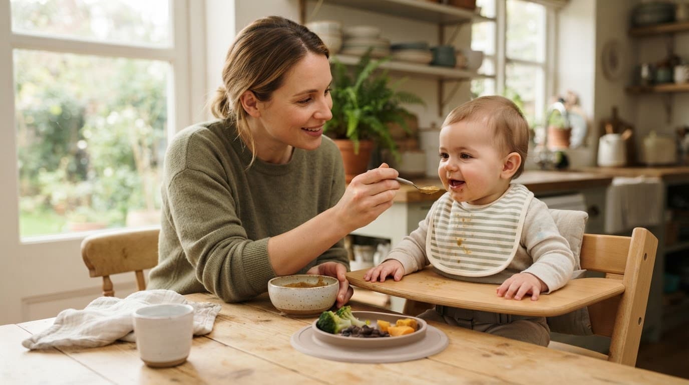 Mother feeding her baby smooth puree at a bright kitchen table.