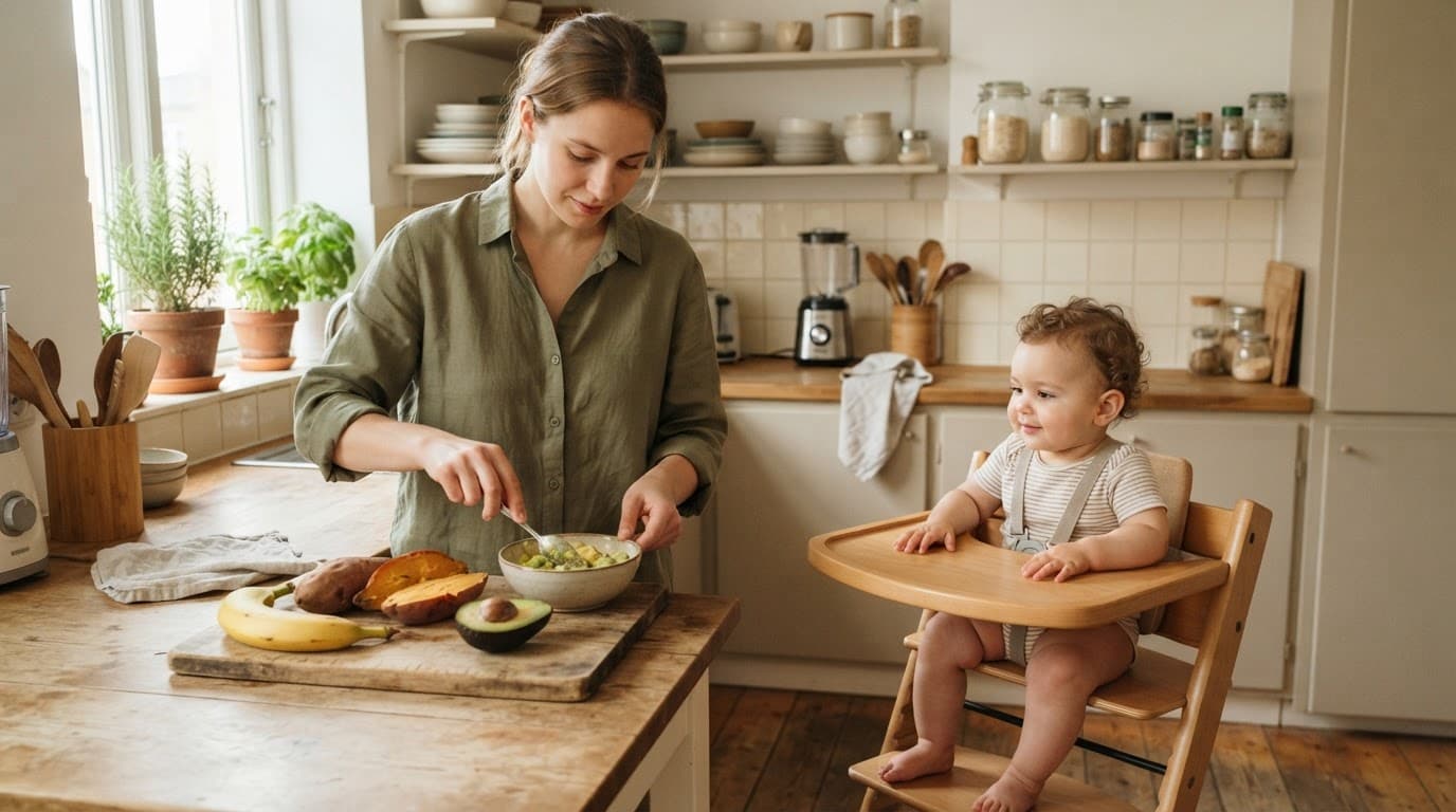 Mother prepares baby food while her baby sits in a high chair nearby.