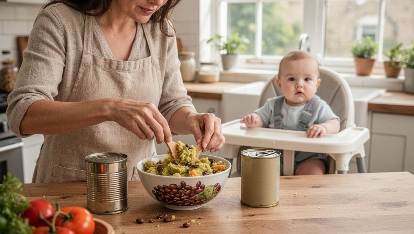 A mother prepares mashed vegetables while her baby sits in a high chair.