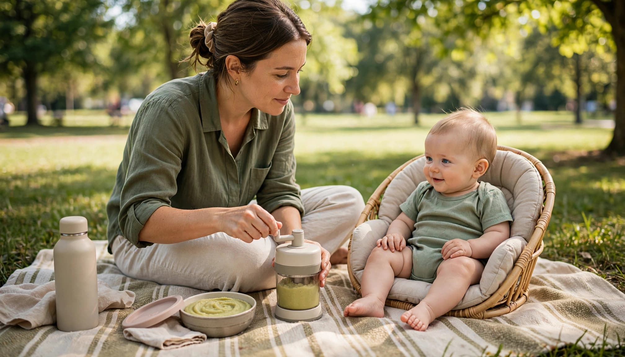 Mother prepares soft baby food beside her baby on a sunny park picnic blanket.