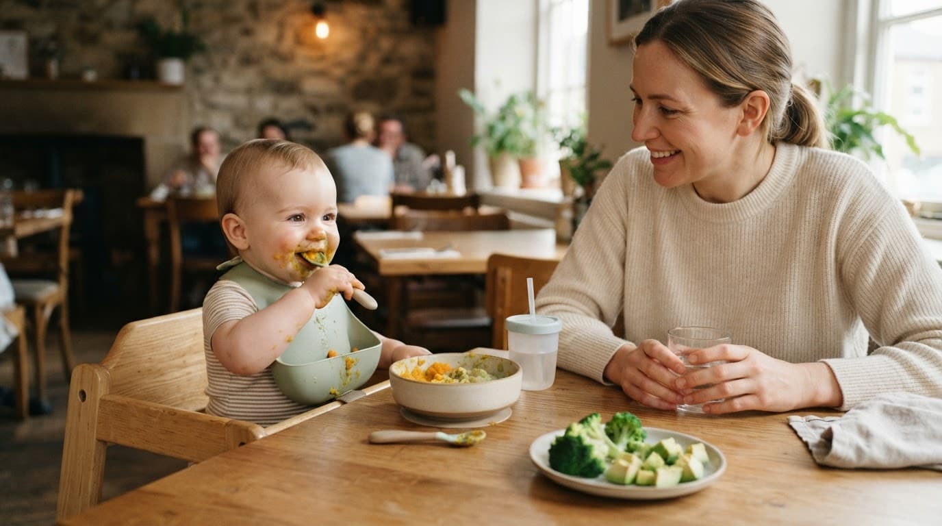 Mother watches a baby eat mashed vegetables in a high chair at a restaurant table.