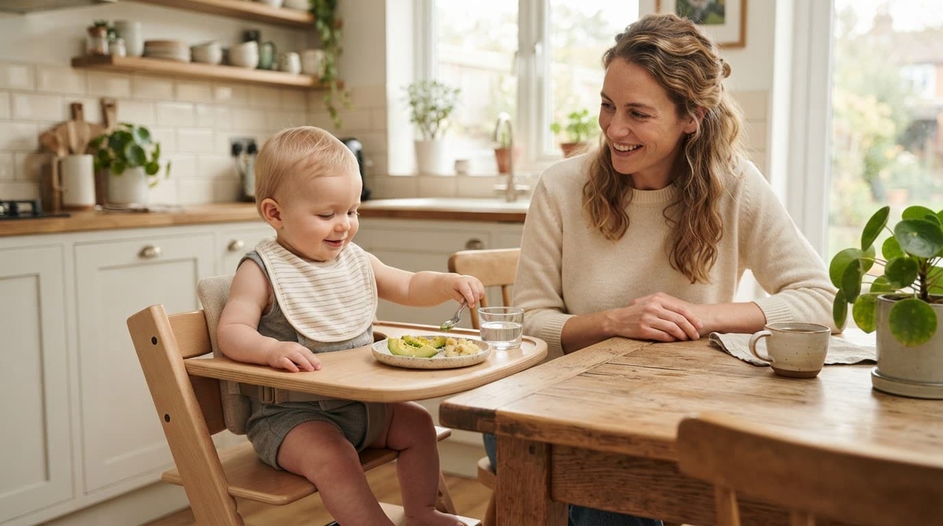 Mother and baby share avocado and banana at a bright kitchen table.