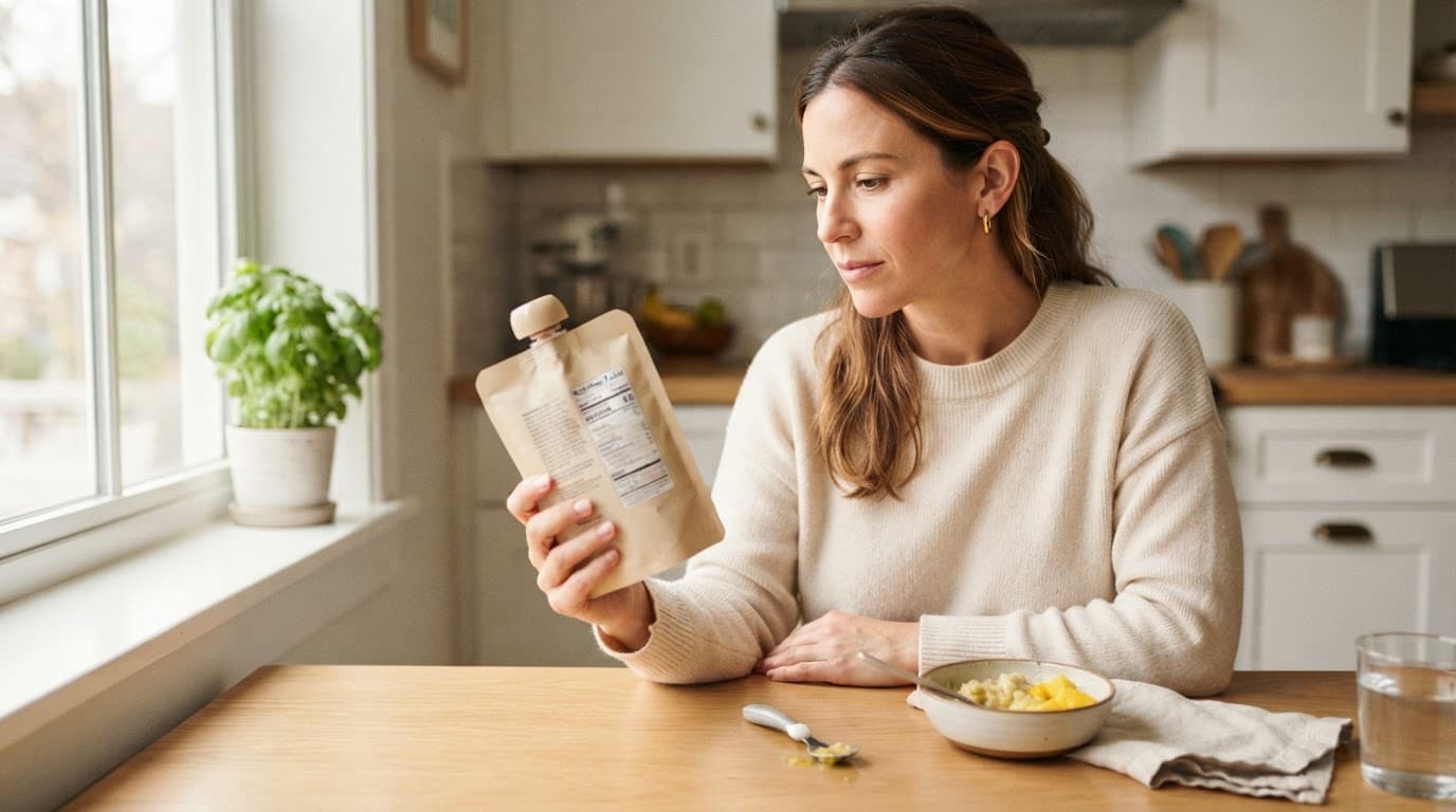 Mother checking a baby food pouch beside a spoon and mashed fruit.