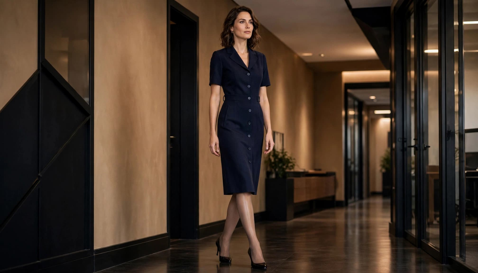 Woman in a navy dress, sheer hosiery, and black pumps in a warm-toned office.