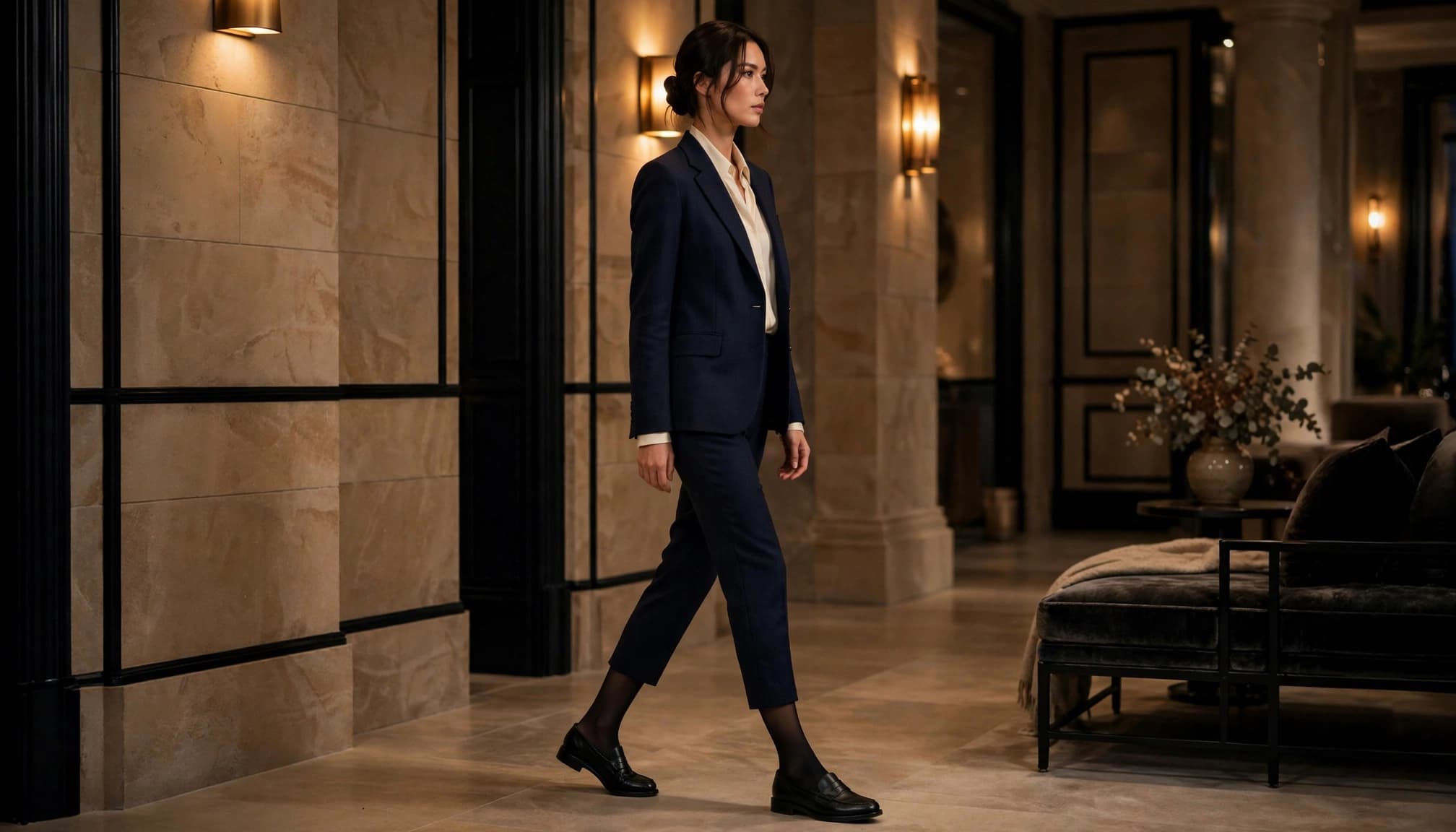 Woman in a navy suit and opaque tights standing in an elegant foyer.