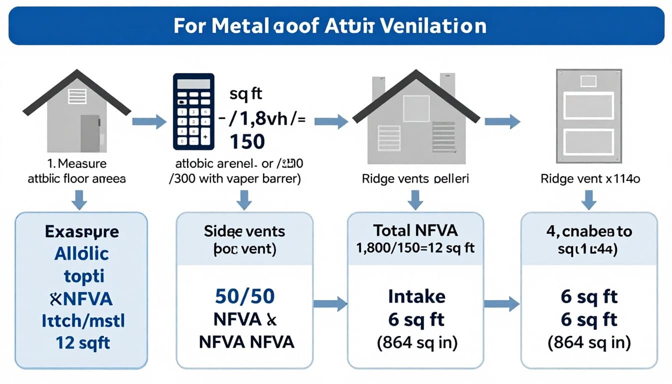 Clean technical infographic illustrating NFVA calculation steps for attic ventilation in metal roofs, including example for 1,800 sq ft attic with intake and exhaust splits.