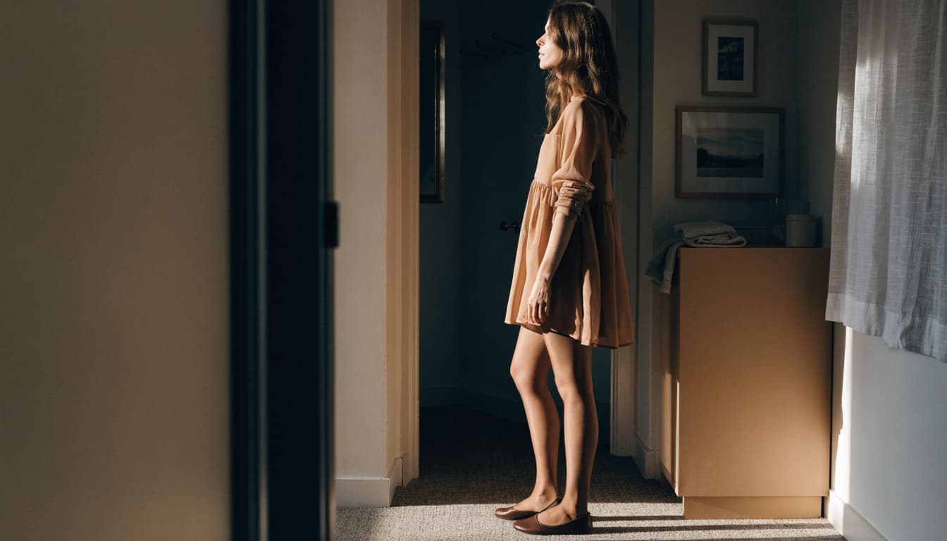 A woman in nude hosiery and a camel dress pauses by an entryway console.