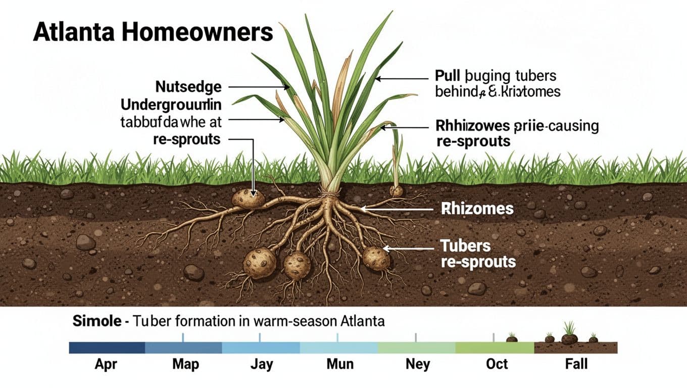 Clean vector-style educational infographic illustrating nutsedge underground structures, including rhizomes and tubers, for Atlanta homeowners. It features labeled soil cross-sections explaining re-sprouting after pulling, with a timeline of tuber formation in warm-season lawns from spring to fall.