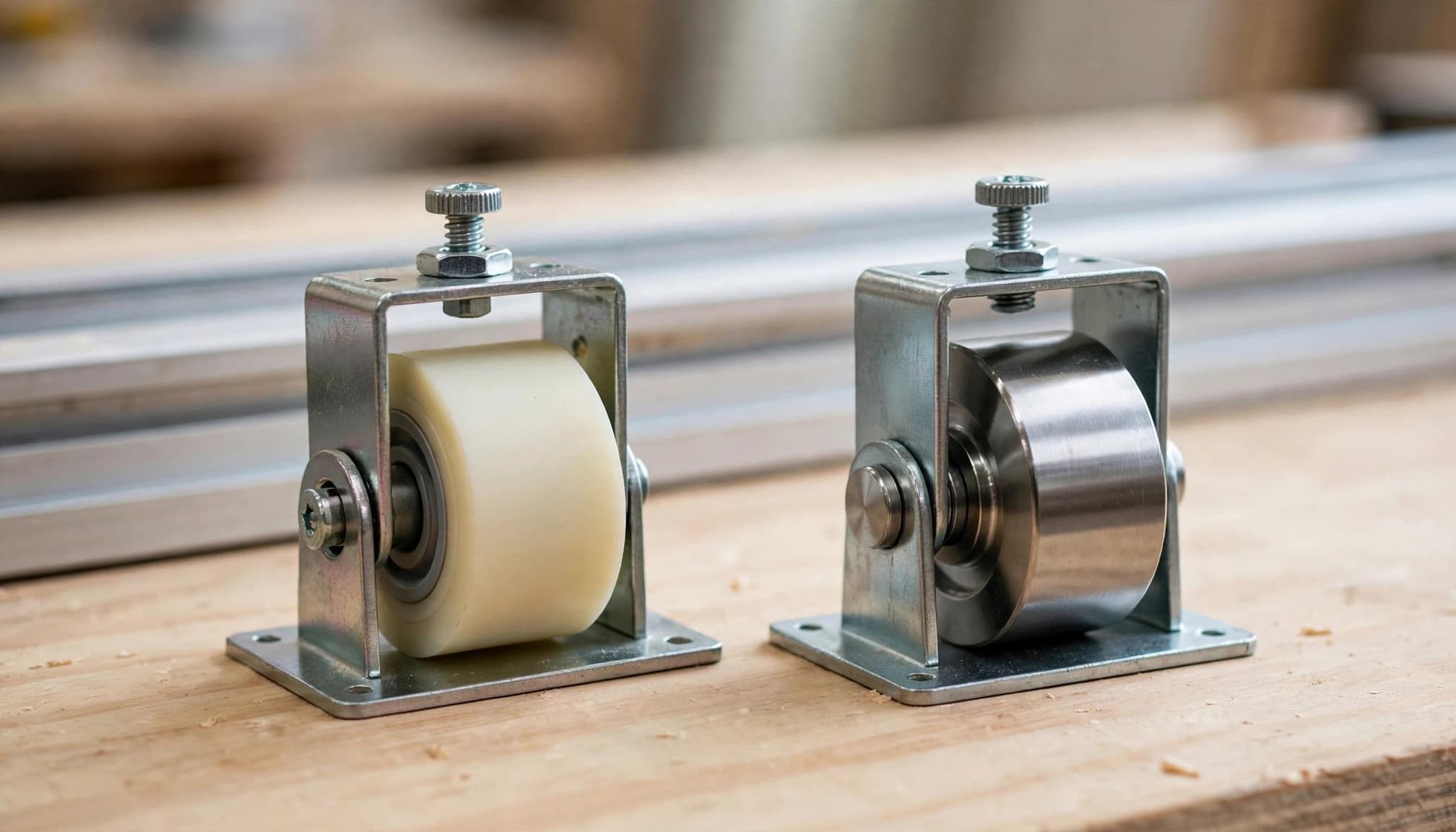 Two sliding door rollers, one nylon and one steel, on a workshop bench.