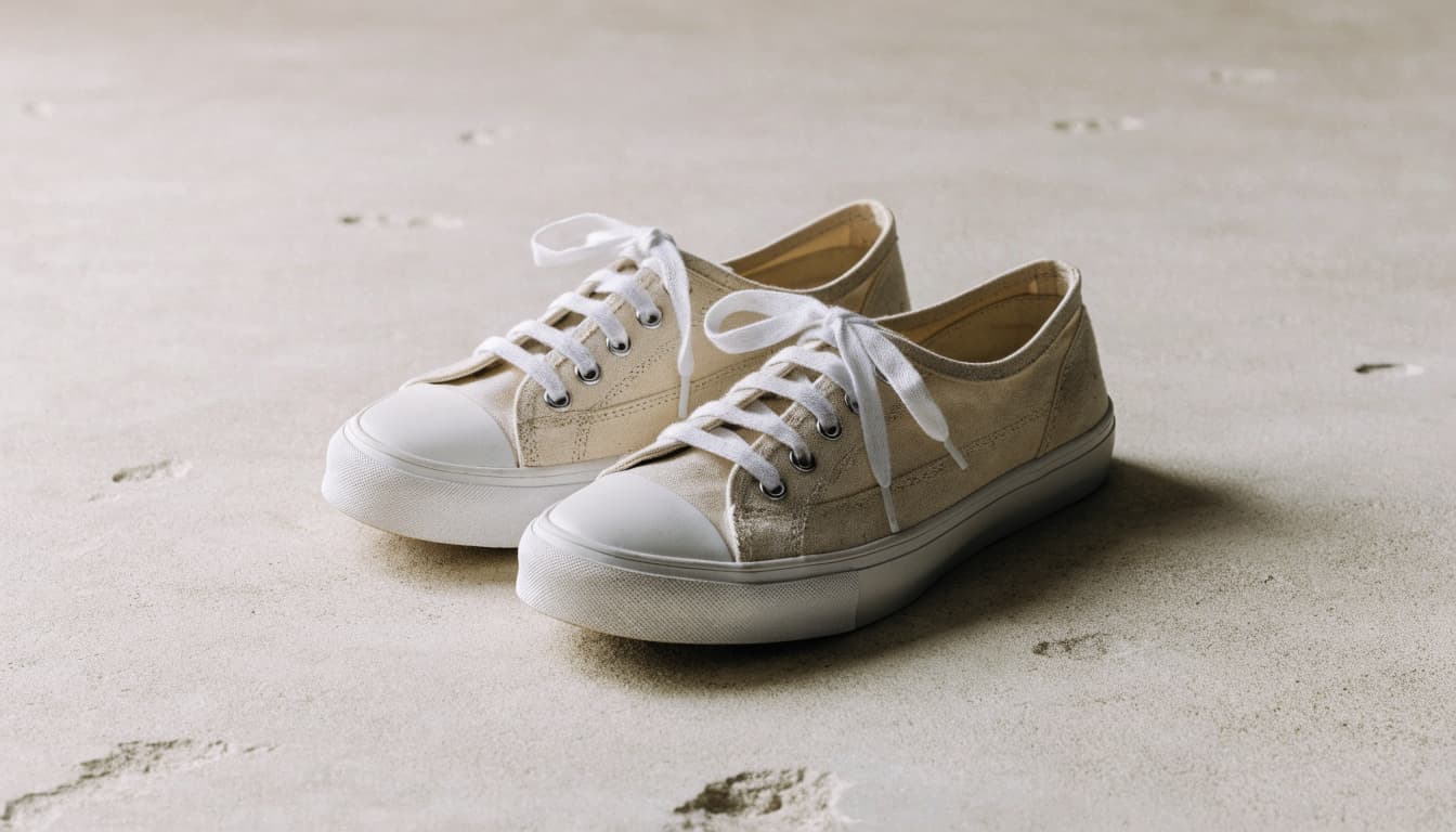 A pair of off-white canvas low-top sneakers resting on a pale stone surface.