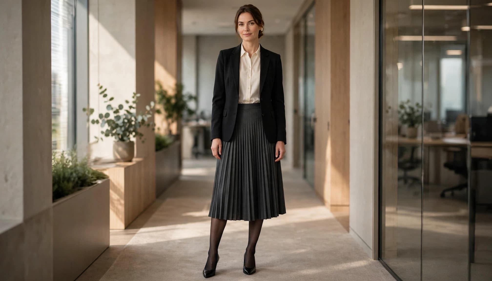 A woman in black hosiery and a pleated skirt stands in an office corridor.
