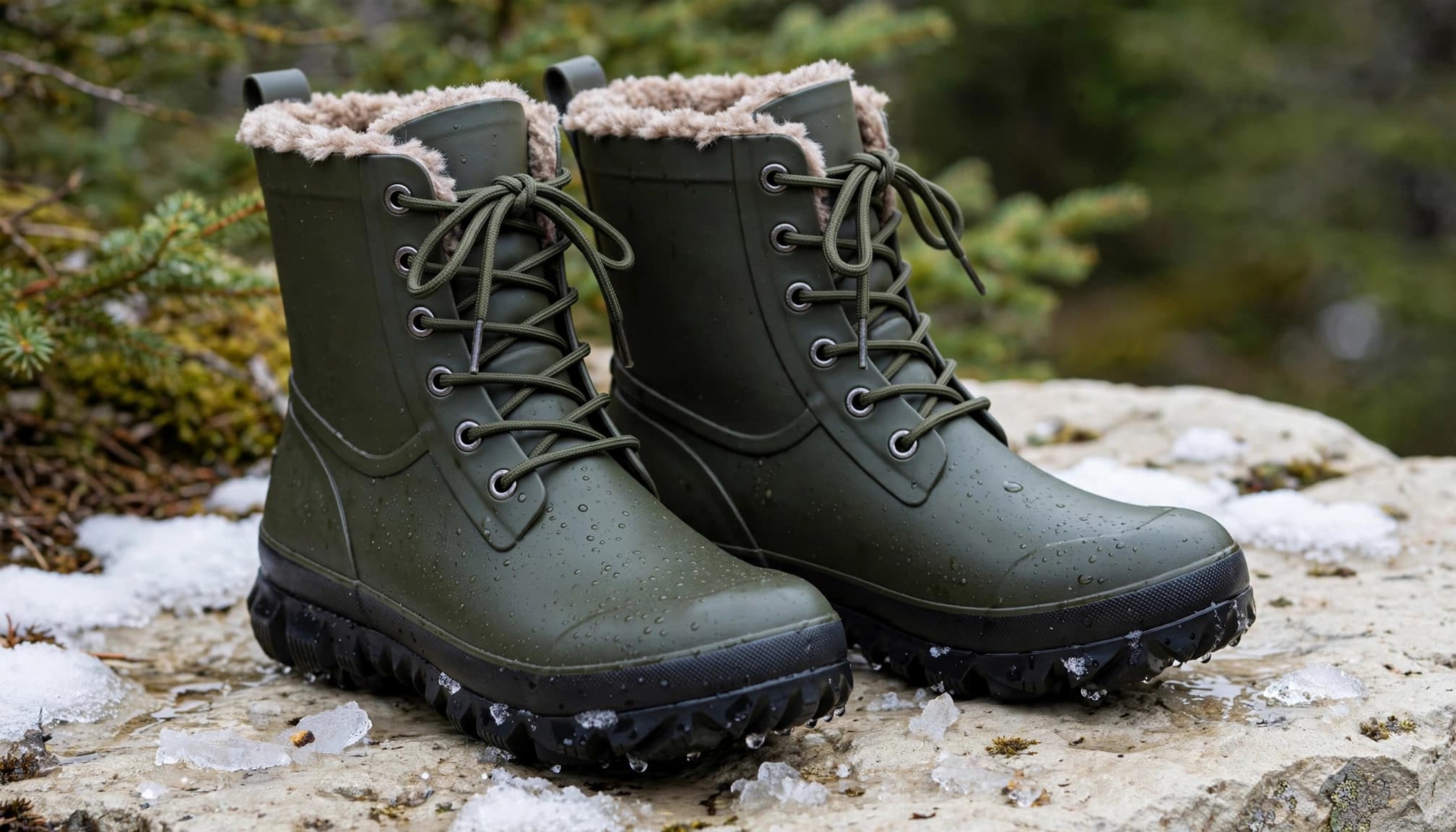 A pair of dark olive waterproof winter boots with fleece lining resting on a snowy rock.