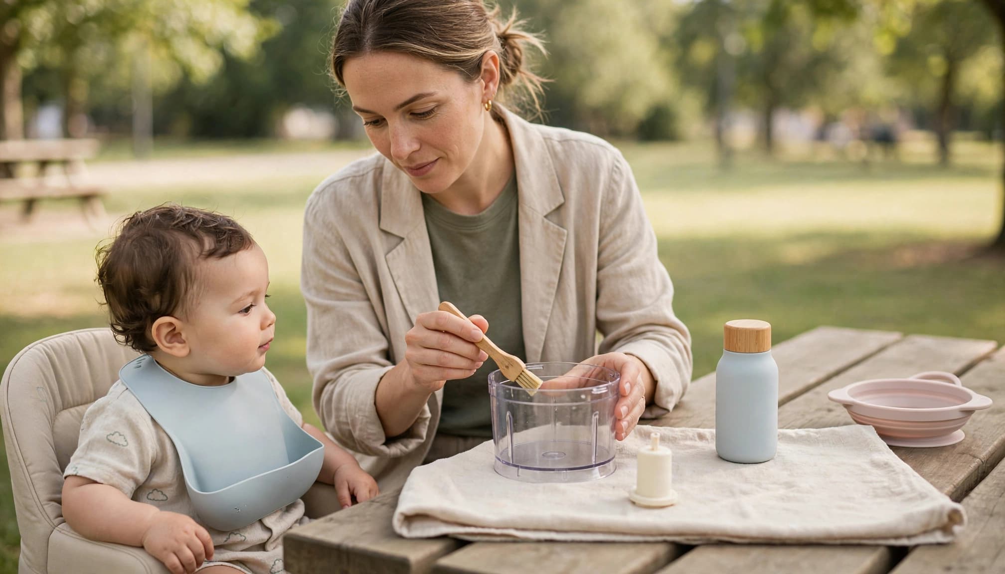 Mother cleans a baby food processor beside her baby at a sunny picnic table.