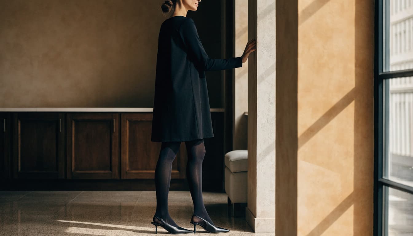 A woman in black tights and low heels stands beside a softly lit fitting-room window.