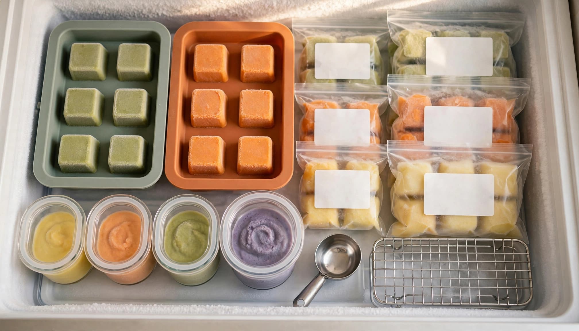Organized baby food portions in trays, containers, and bags inside an open freezer drawer.