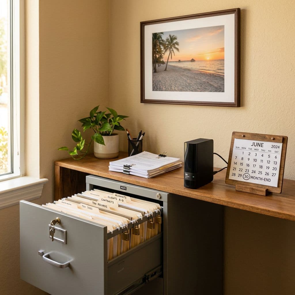 Simple scene of an organized filing cabinet and digital backup drive on a shelf in a small business office, with a subtle Fort Myers beach photo on the wall. Secure locks on folders, month-end calendar, warm lighting, realistic style focusing on organization and security.
