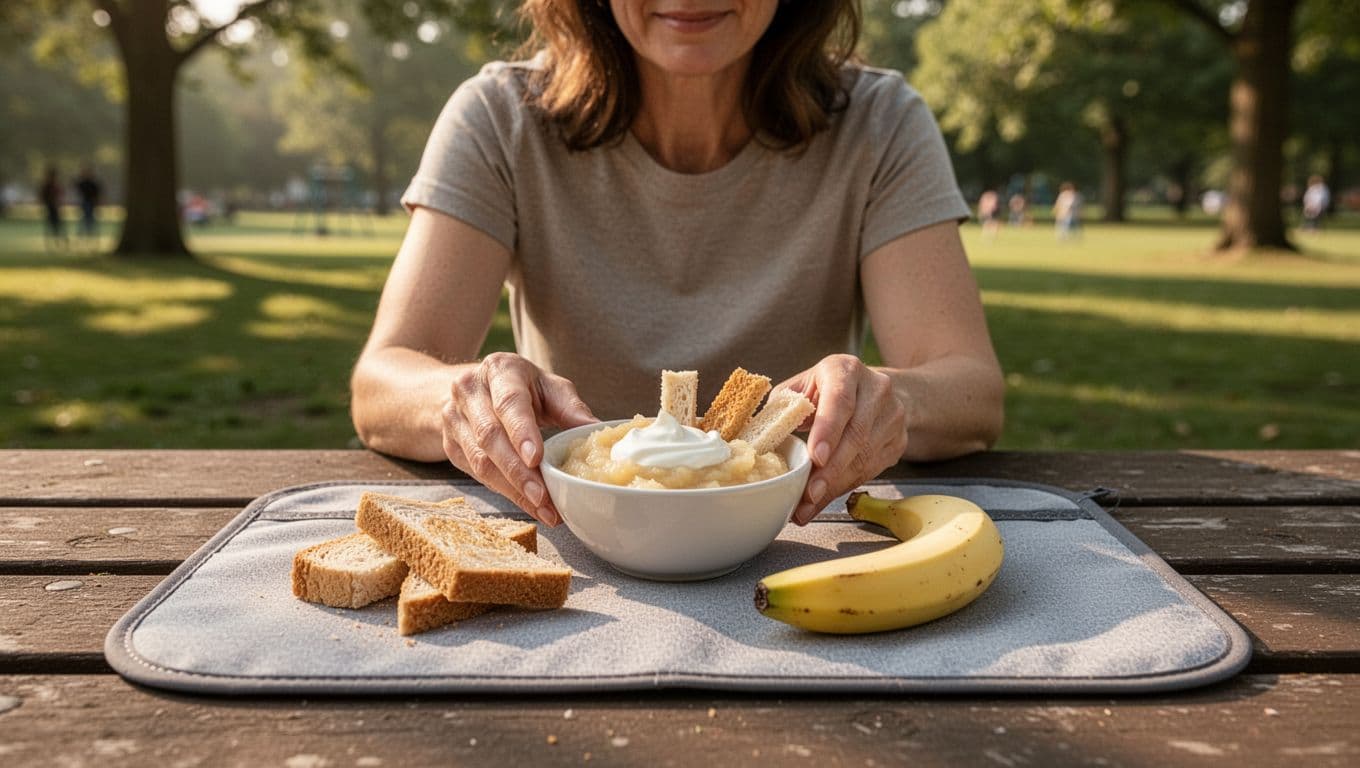 Caregiver serving mashed pear, yogurt, toast, and banana at a park picnic table.