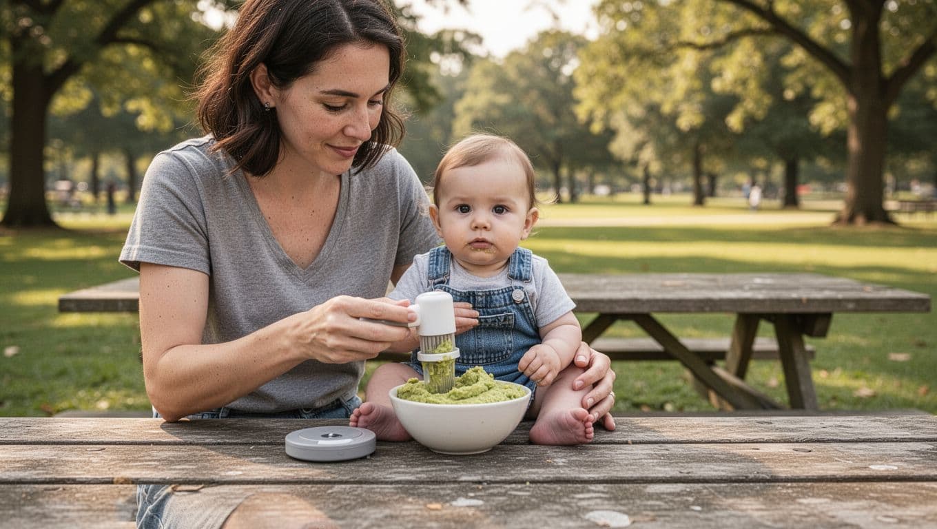 Parent prepares mashed beans and avocado for a baby at a park picnic table.