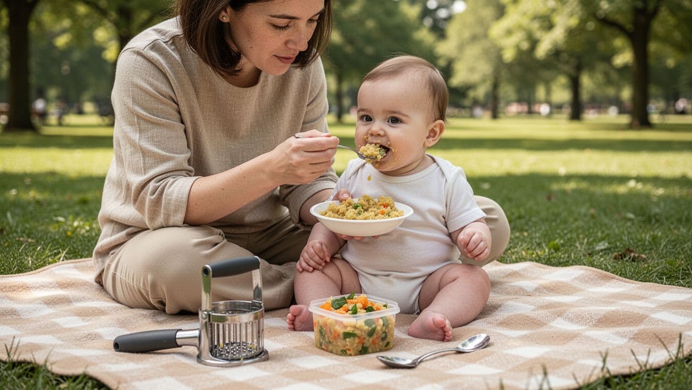 Caregiver feeds a seated baby mashed vegetables on a picnic blanket.