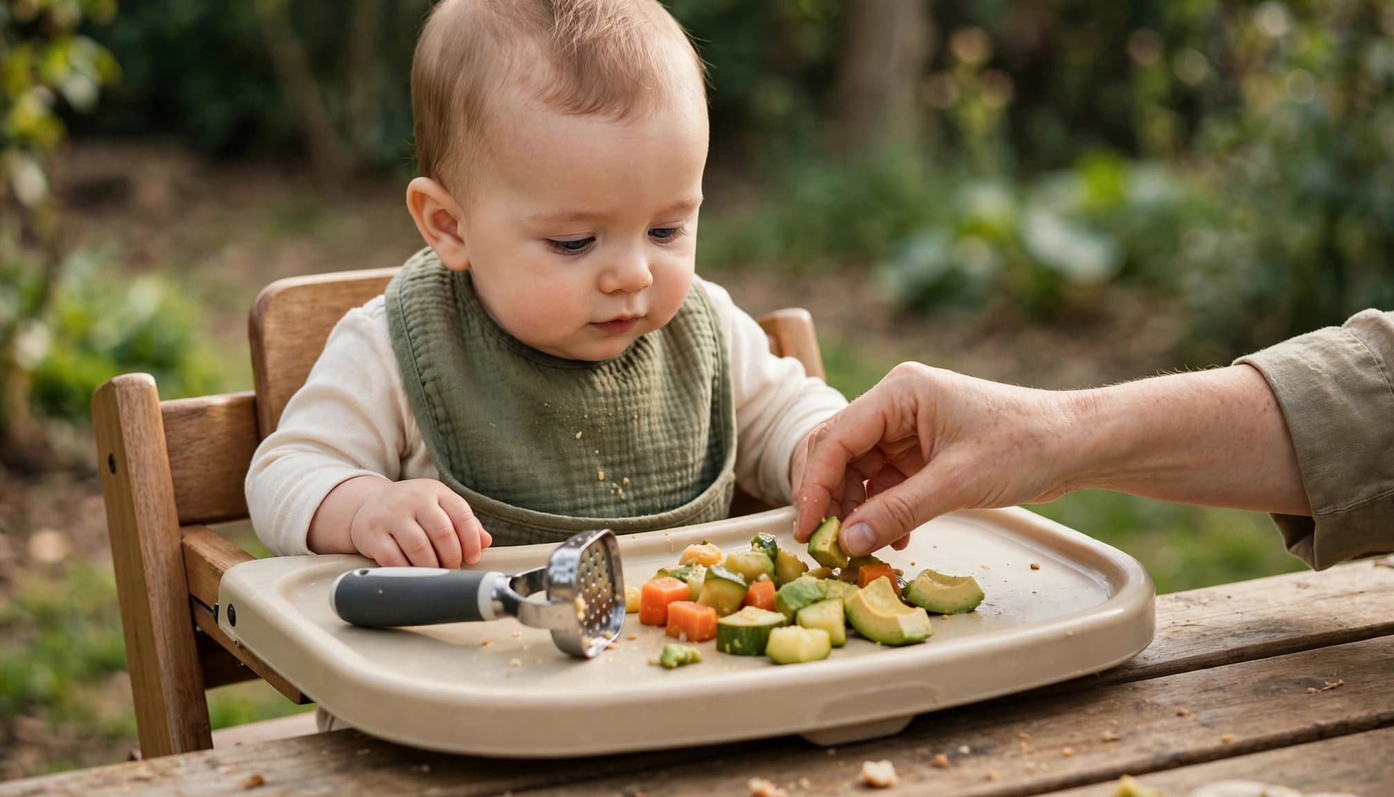 Baby in a high chair with avocado, vegetables, and a small masher on the tray.