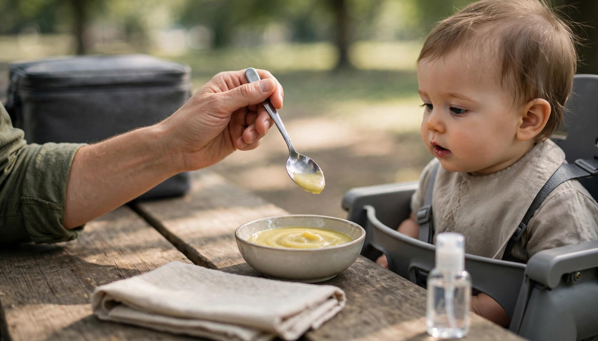 An adult offers a spoonful of food to a baby in a high chair at a picnic table.