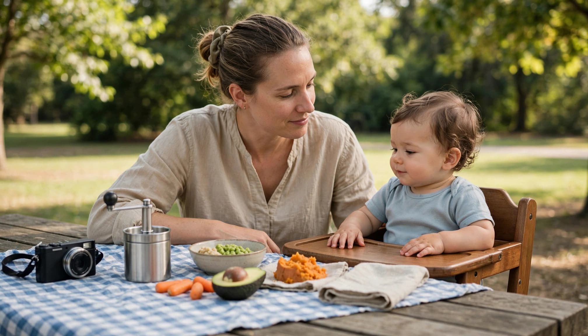 A parent feeds a baby mashed food at a park picnic table beside a small food mill.