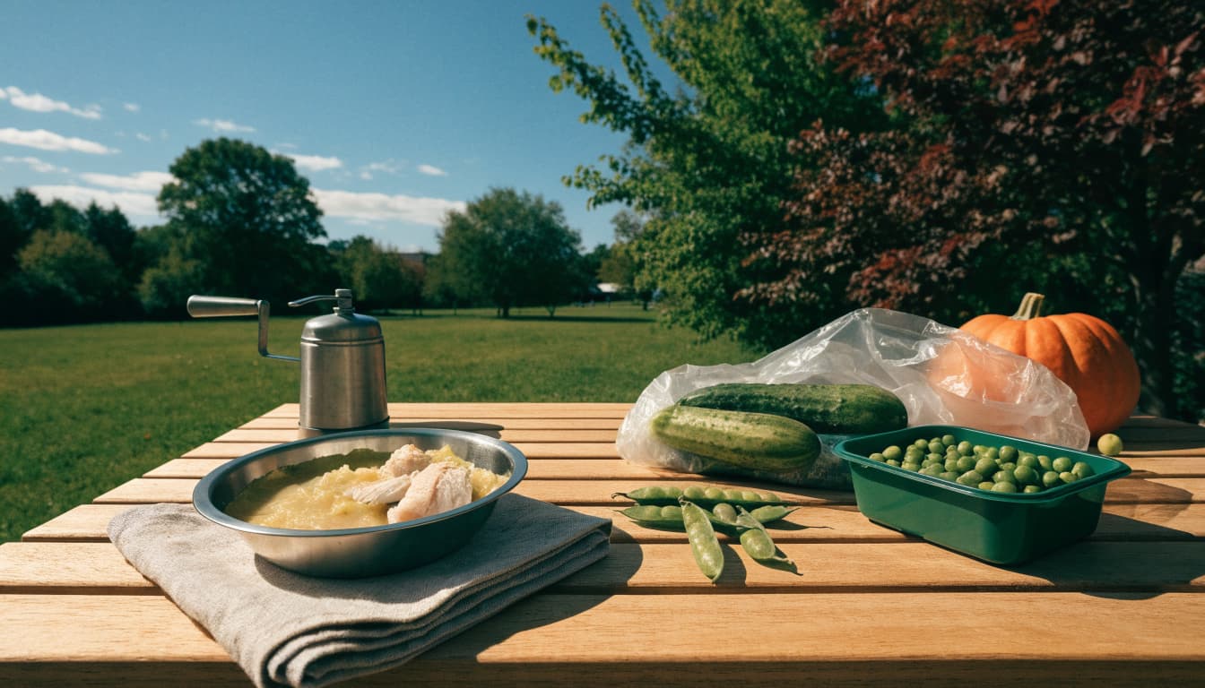 A baby food mill beside mashed peas, cooked fish, and produce on a picnic table.