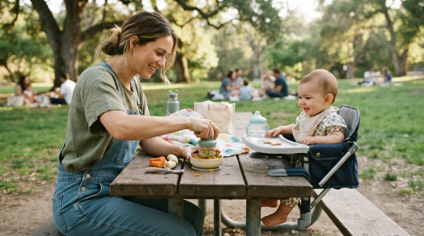 Caregiver prepares soft food beside a baby in a high chair at a park picnic table.