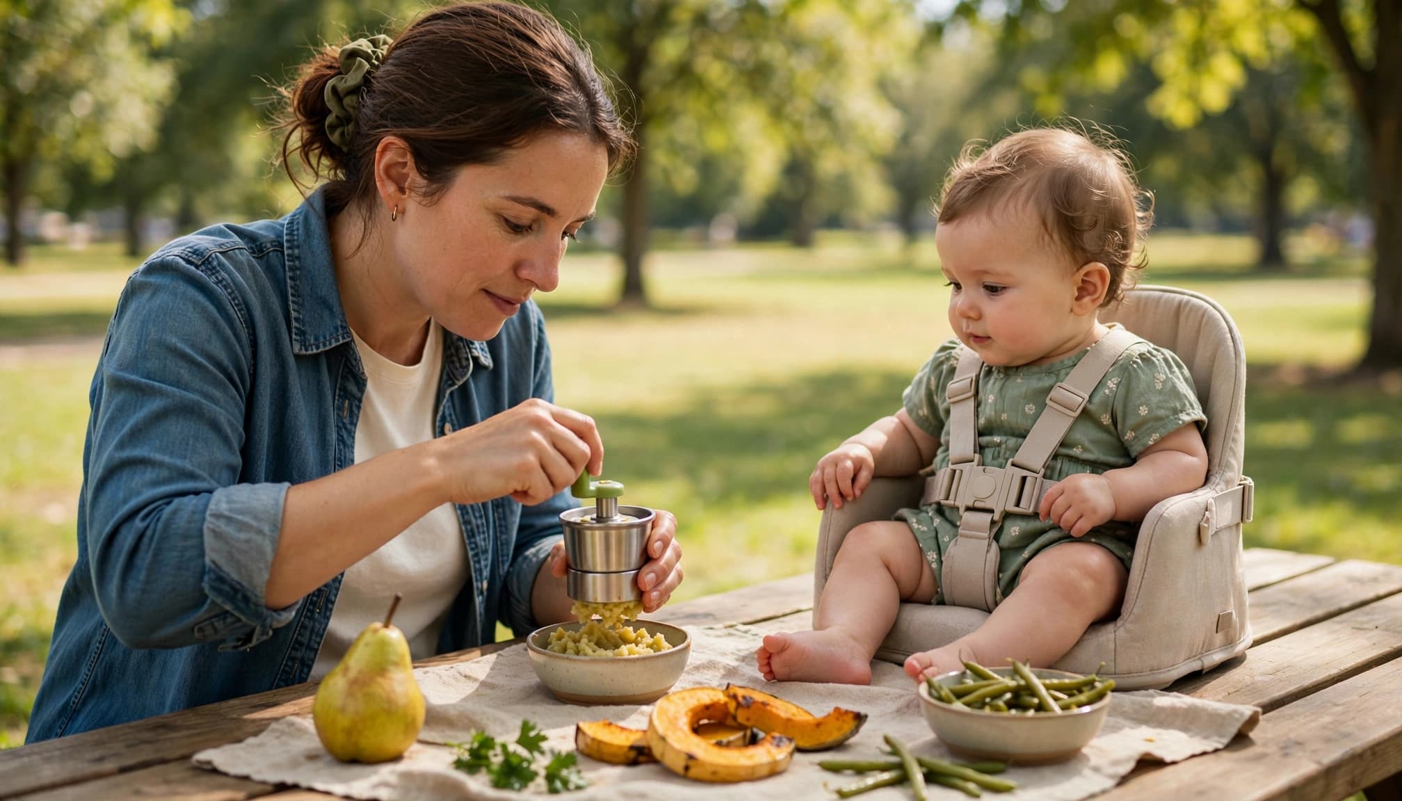 Caregiver prepares mashed foods beside a baby at a sunny park picnic table.