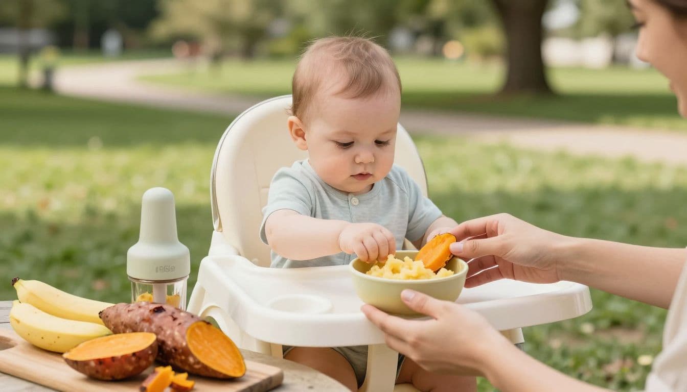 A caregiver prepares mashed banana and sweet potato beside a baby in a high chair at a park table.
