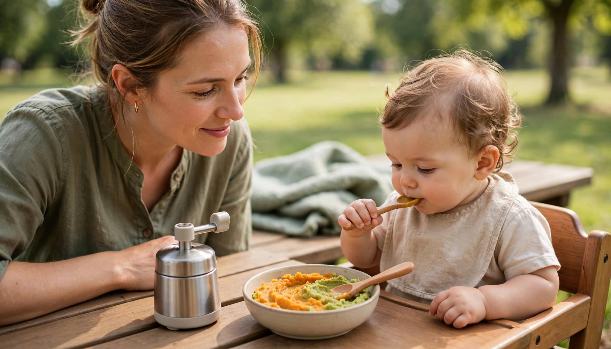 A mother feeds her baby mashed vegetables at a sunny park picnic table.