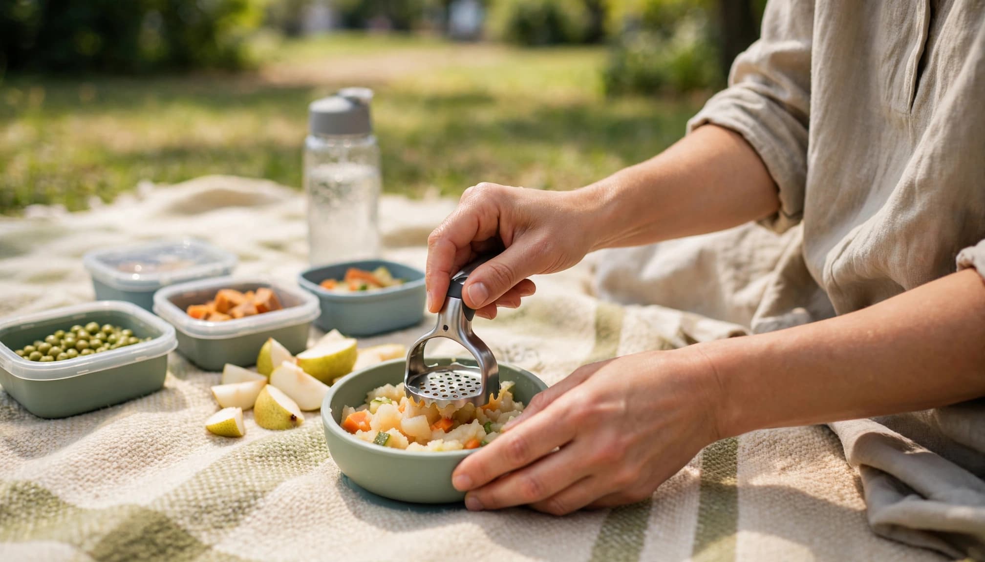 Parent mashes pear and vegetables in a bowl on a sunny picnic blanket.