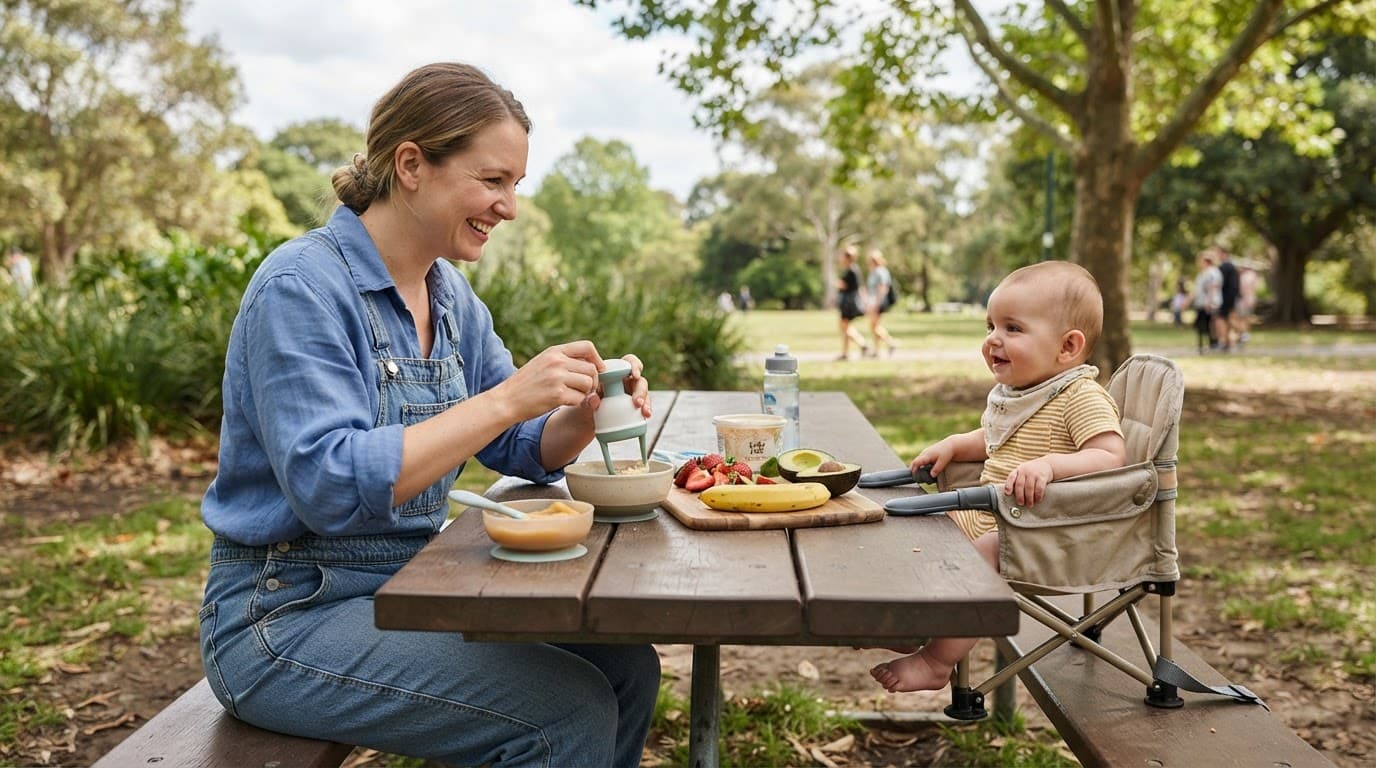 Parent prepares baby puree beside an infant at a sunny park picnic table.