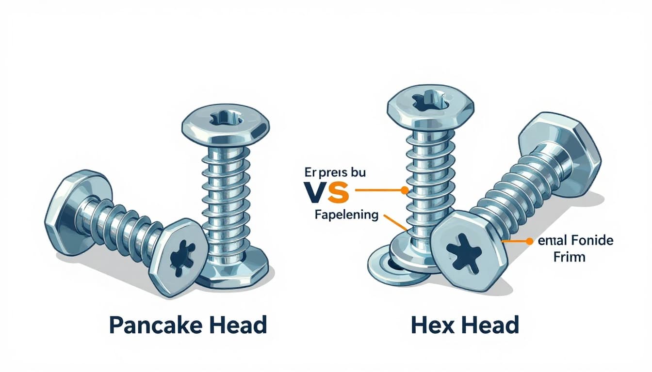 High-resolution technical vector diagram comparing pancake head and hex head screws for metal roofs in Central Florida, with side-by-side cross-sections, labeled profiles, bearing surfaces, and applications.
