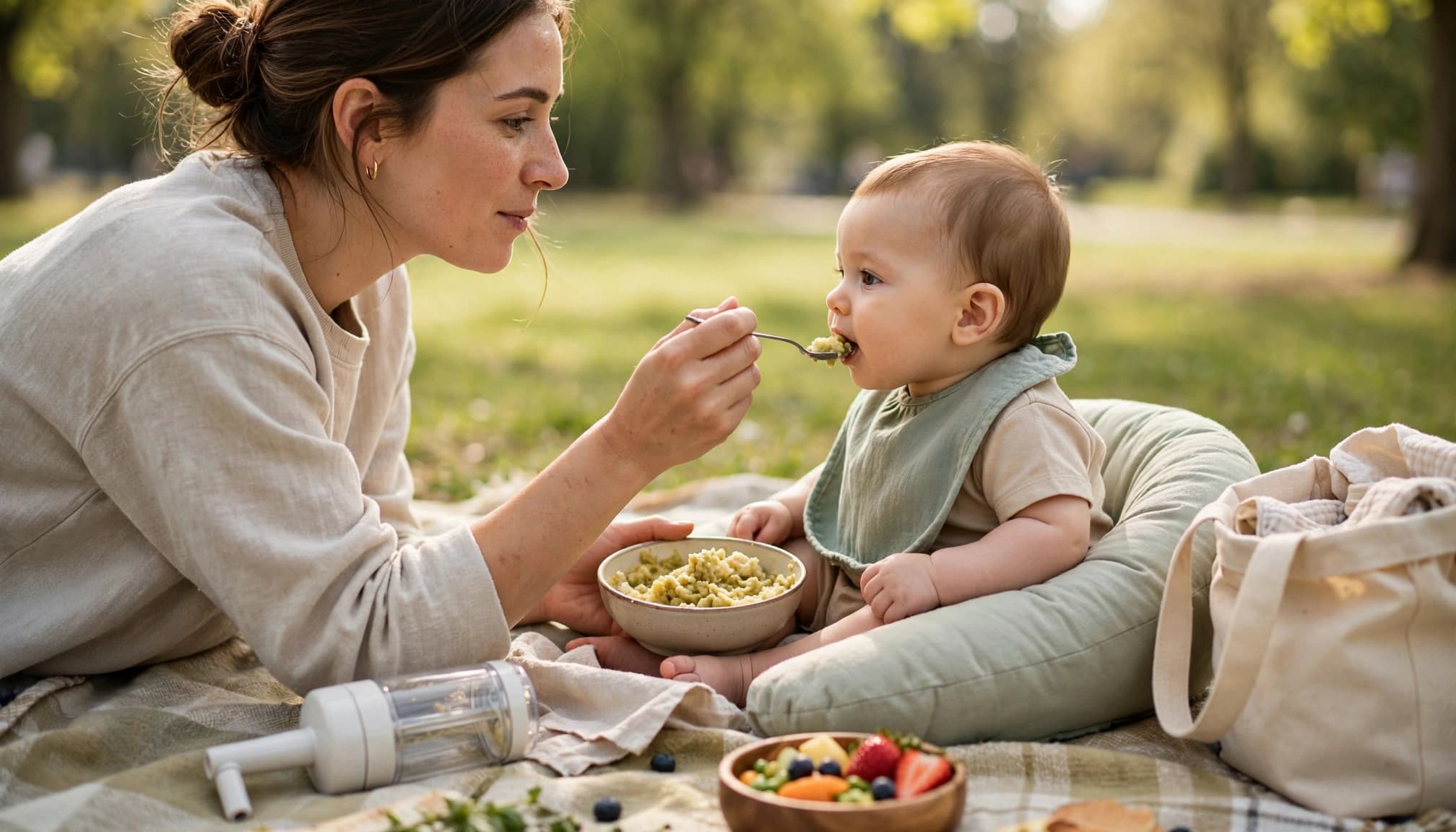 A caregiver feeds a baby mashed food on a sunny picnic blanket beside a small blender.