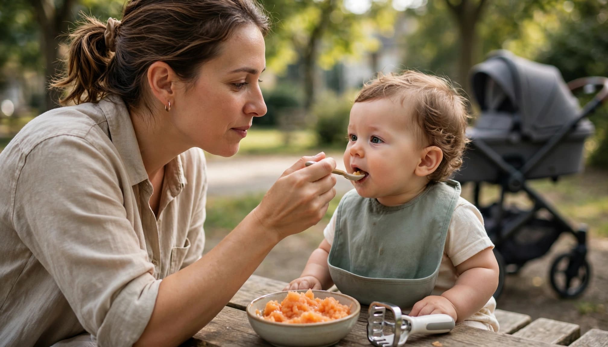 Mother feeds a baby mashed fruit at a park table beside a bowl and food masher.