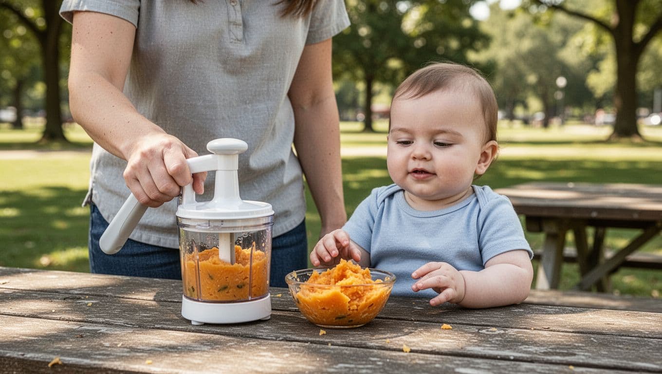 Caregiver and baby beside mashed vegetables and a hand-powered food masher at a park table.