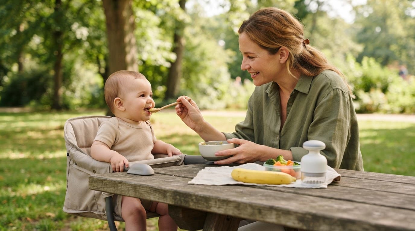 A mother feeds her baby mashed food at a sunny park picnic table.