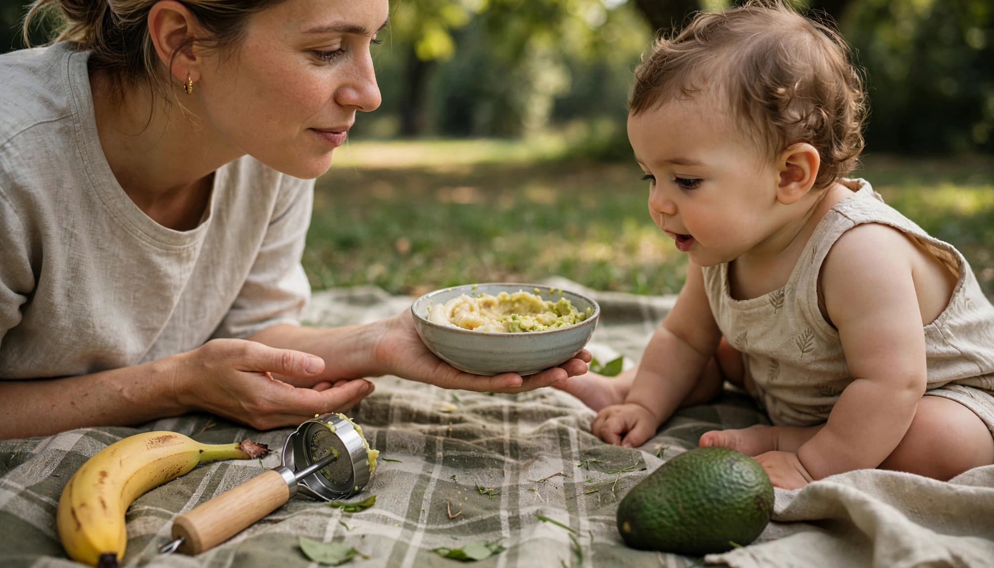 A parent feeds a baby mashed banana and avocado at a park picnic.