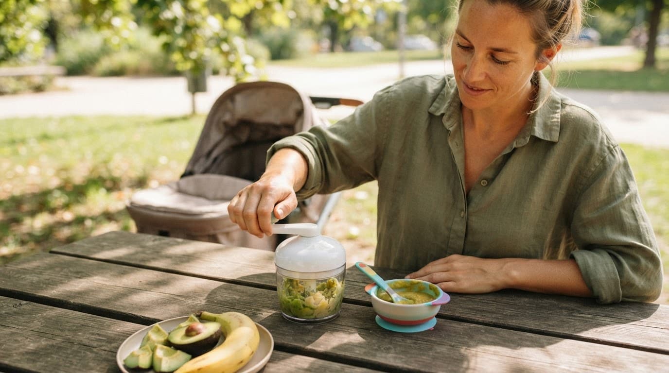 A parent prepares mashed avocado and banana with a hand-powered blender at a sunny picnic table.