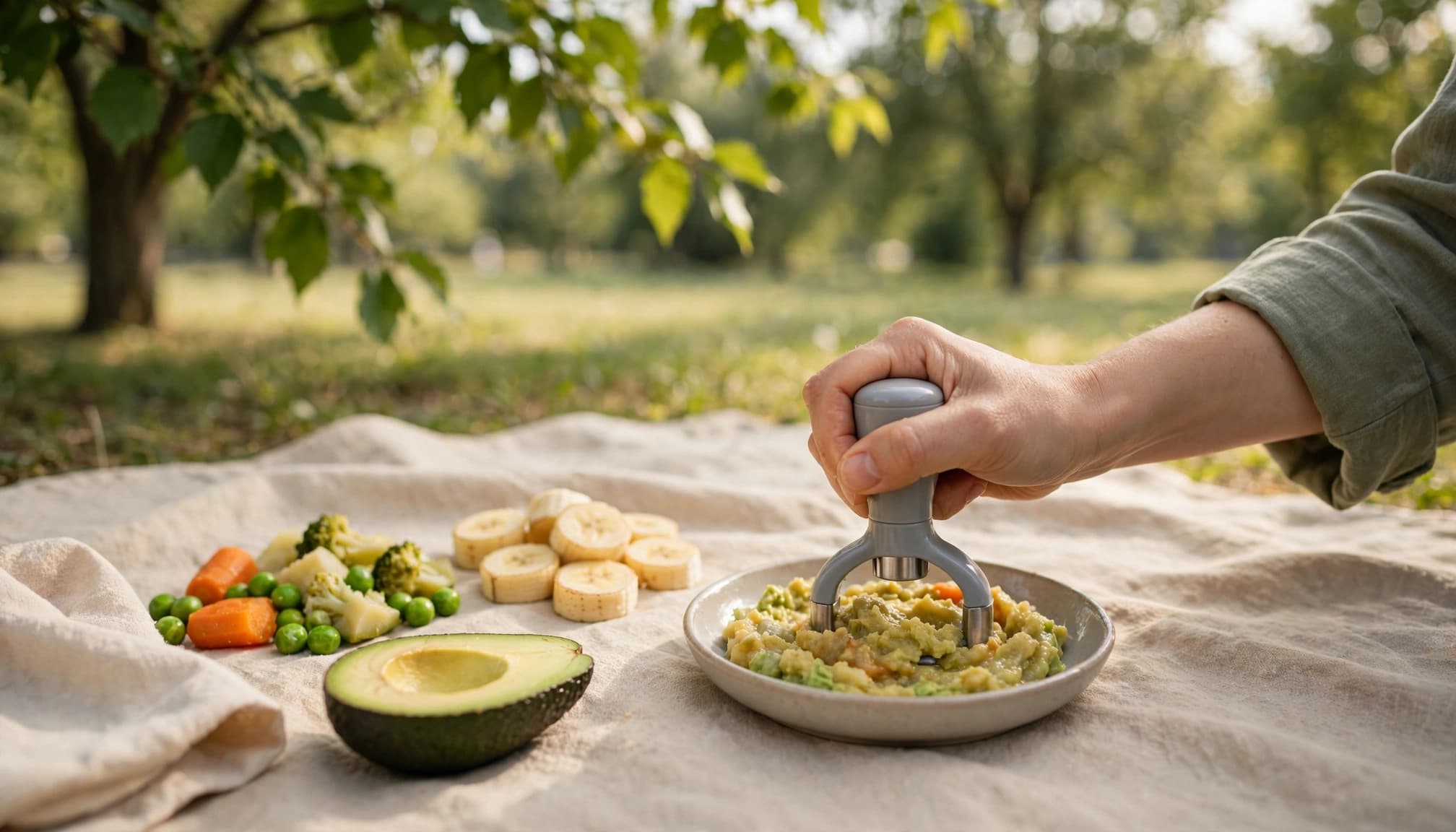 Caregiver serving mashed baby food beside fruit and vegetables on a picnic blanket.
