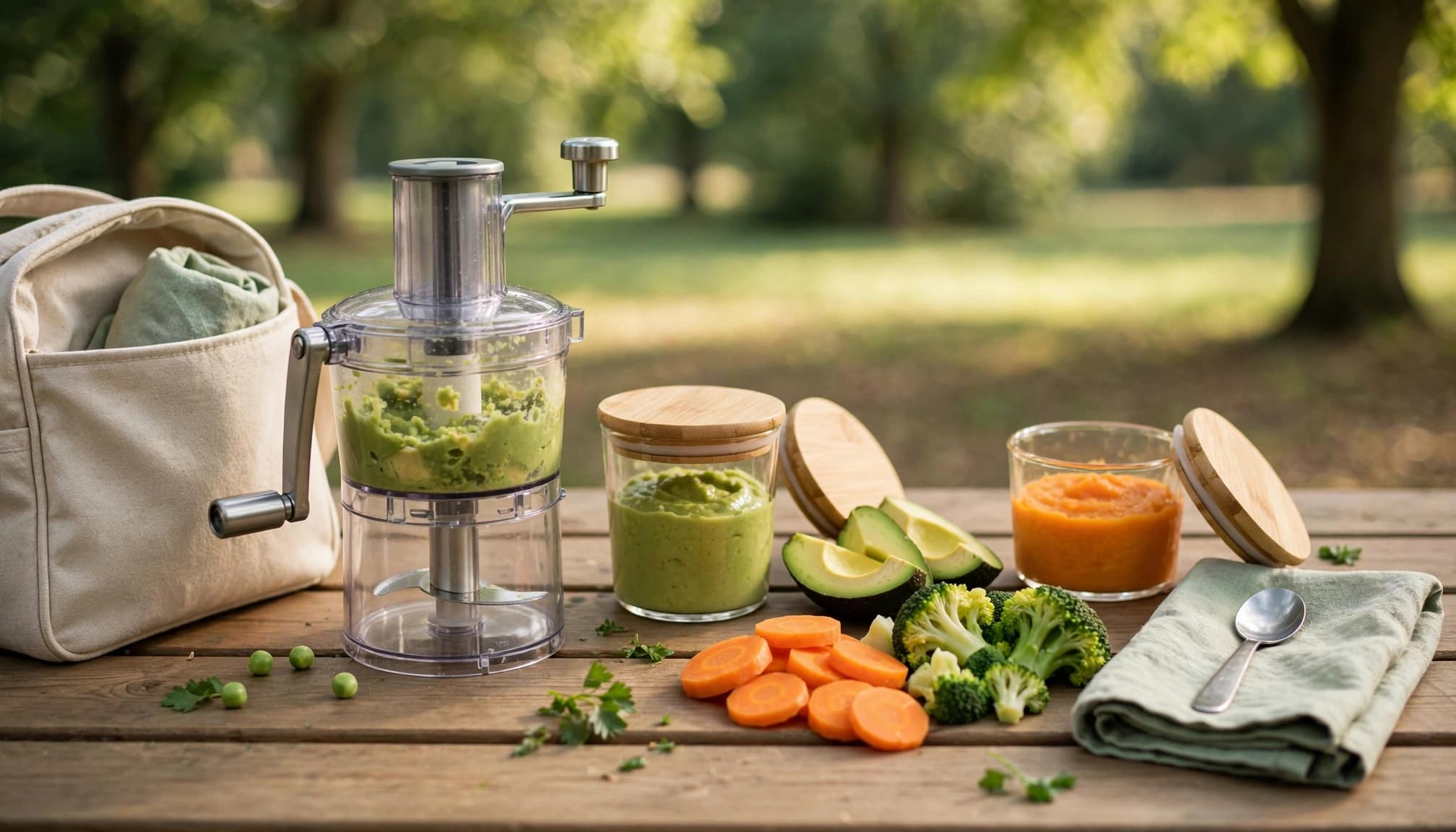 A manual baby food processor, jars of purée, sliced avocado, carrots, and broccoli on a picnic table.