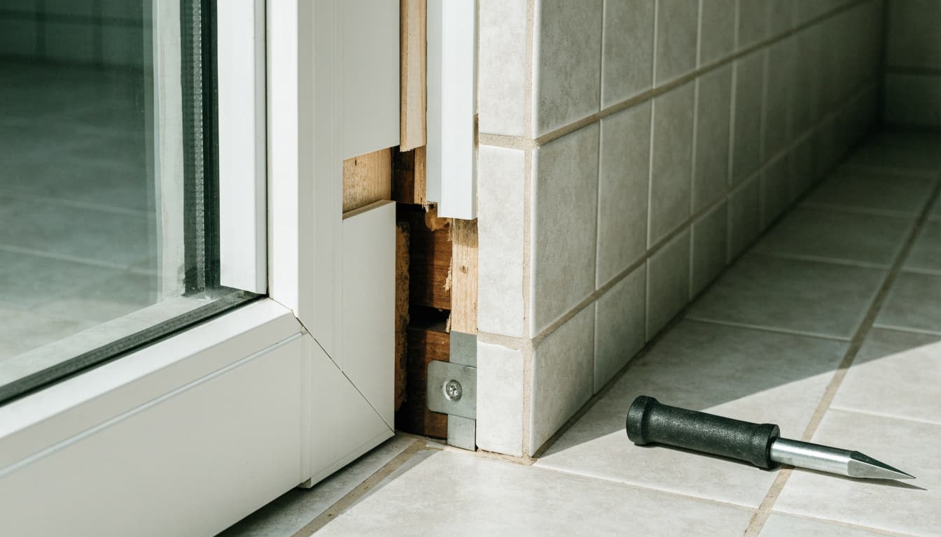 A separated patio door frame reveals wood framing and a metal anchor beside the tile floor.