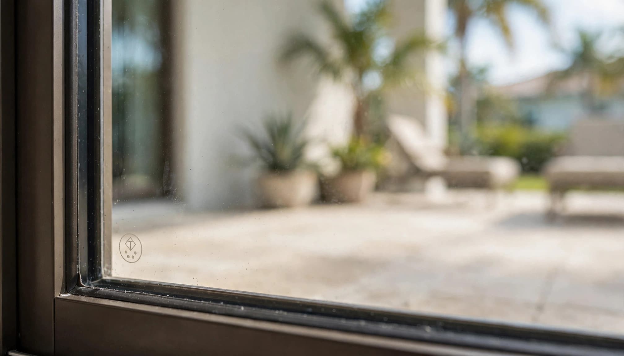 A small etched mark near the corner of a patio door pane.