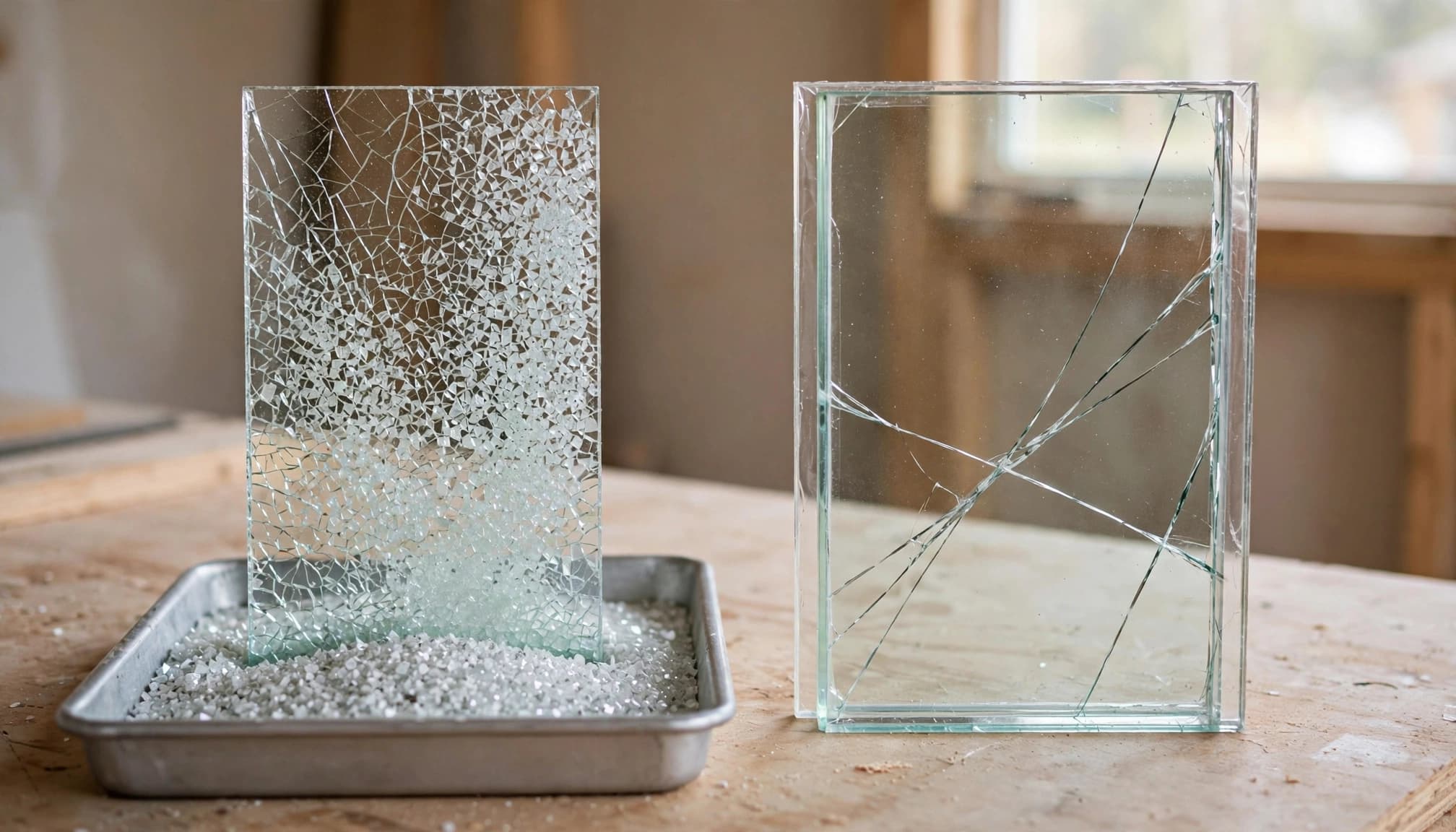 Tempered and laminated glass samples stand side by side on a workshop table.