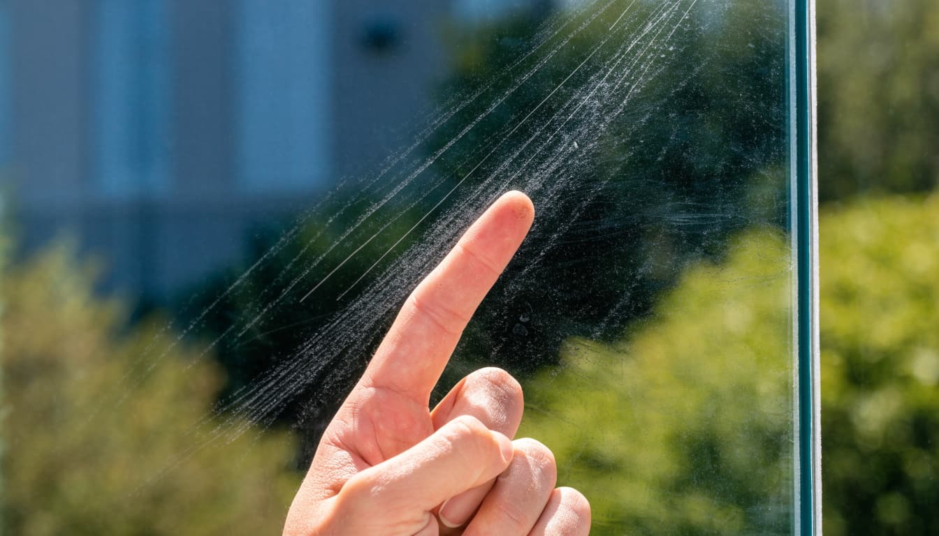 One hand touches a faint scratch on a patio door glass pane.