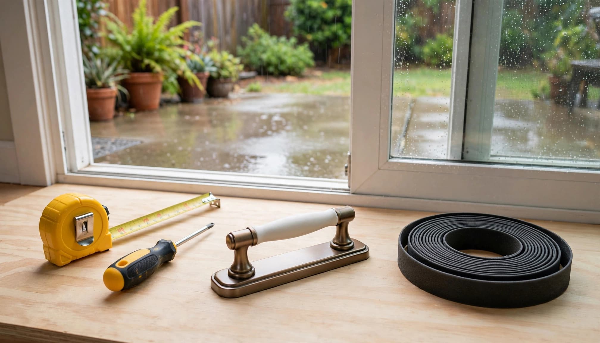 Repair tools and a replacement handle sit beside an open sliding patio door.