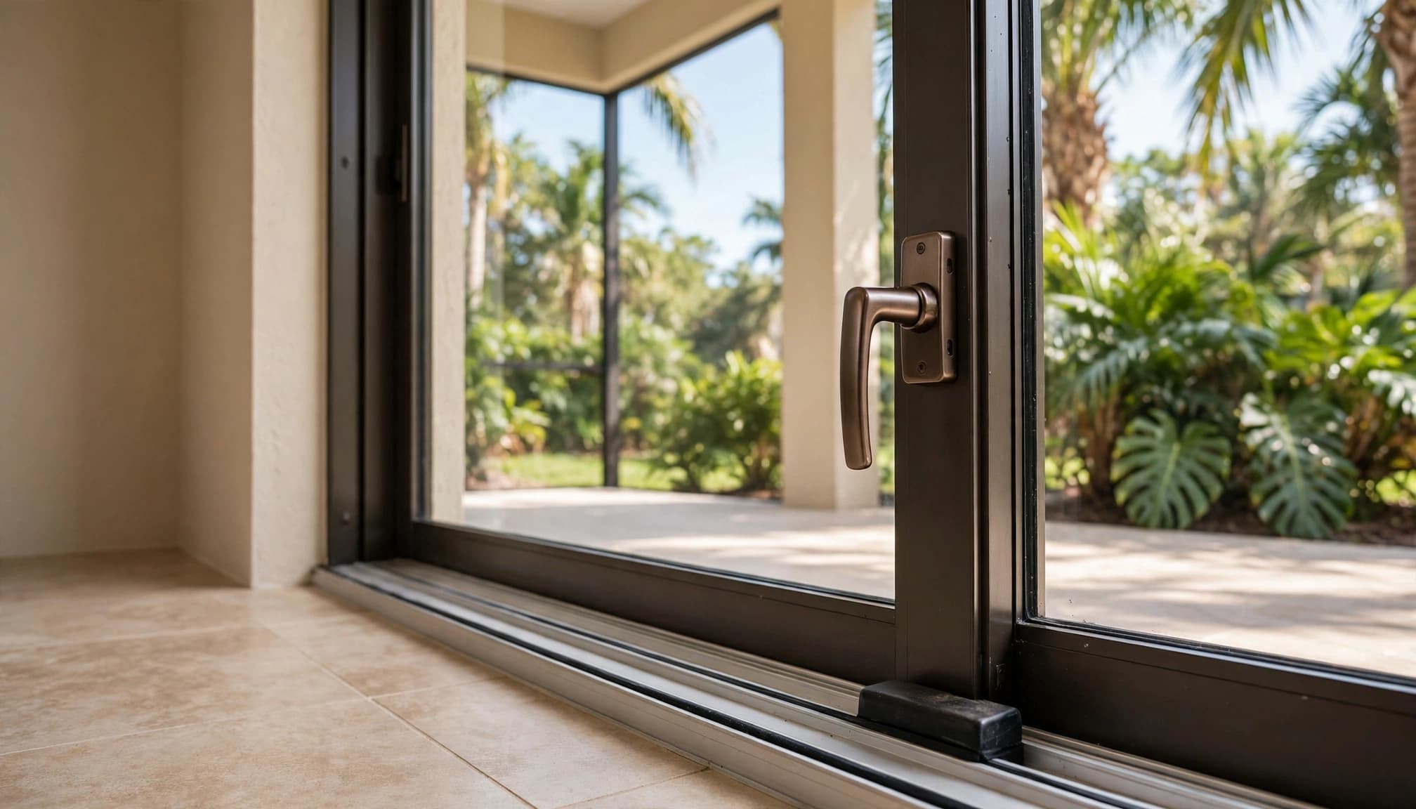 A glass patio door with a replacement handle and intact lower track.